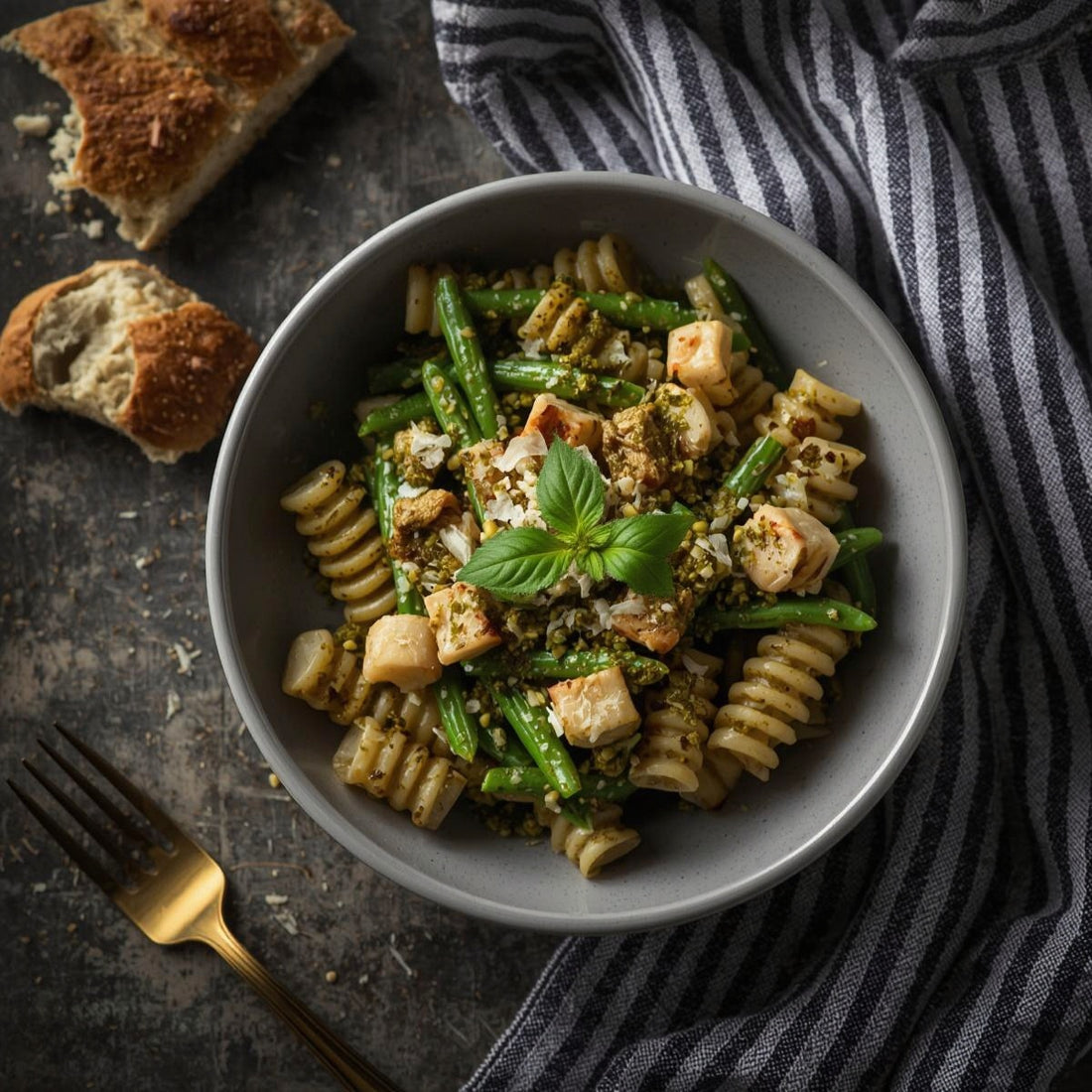 Blistered Green Bean & Pesto Chicken Radiatori Pasta
