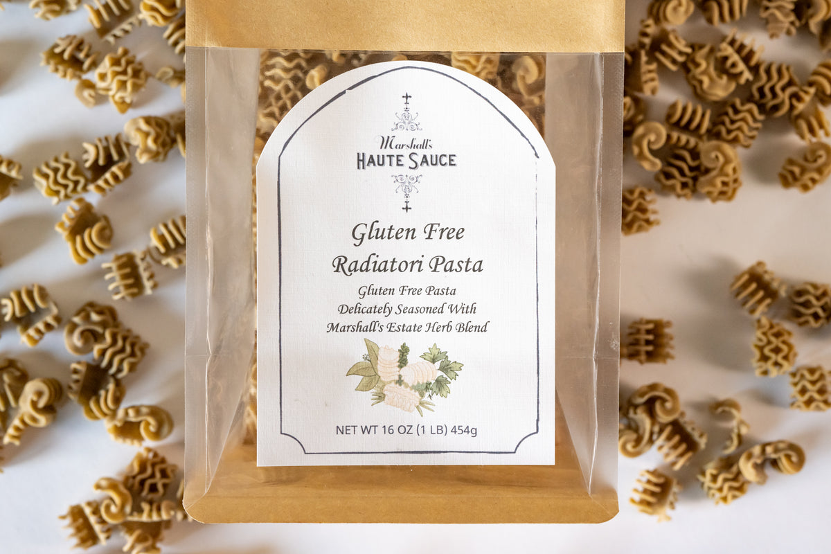 Gluten Free Radiatori Pasta package, made with rice and fava bean powder, featuring Marshall's Estate Herb Blend.