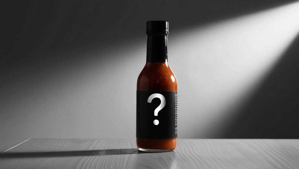 Mystery sauce bottle with question mark label, highlighting the surprise flavor included with your order.